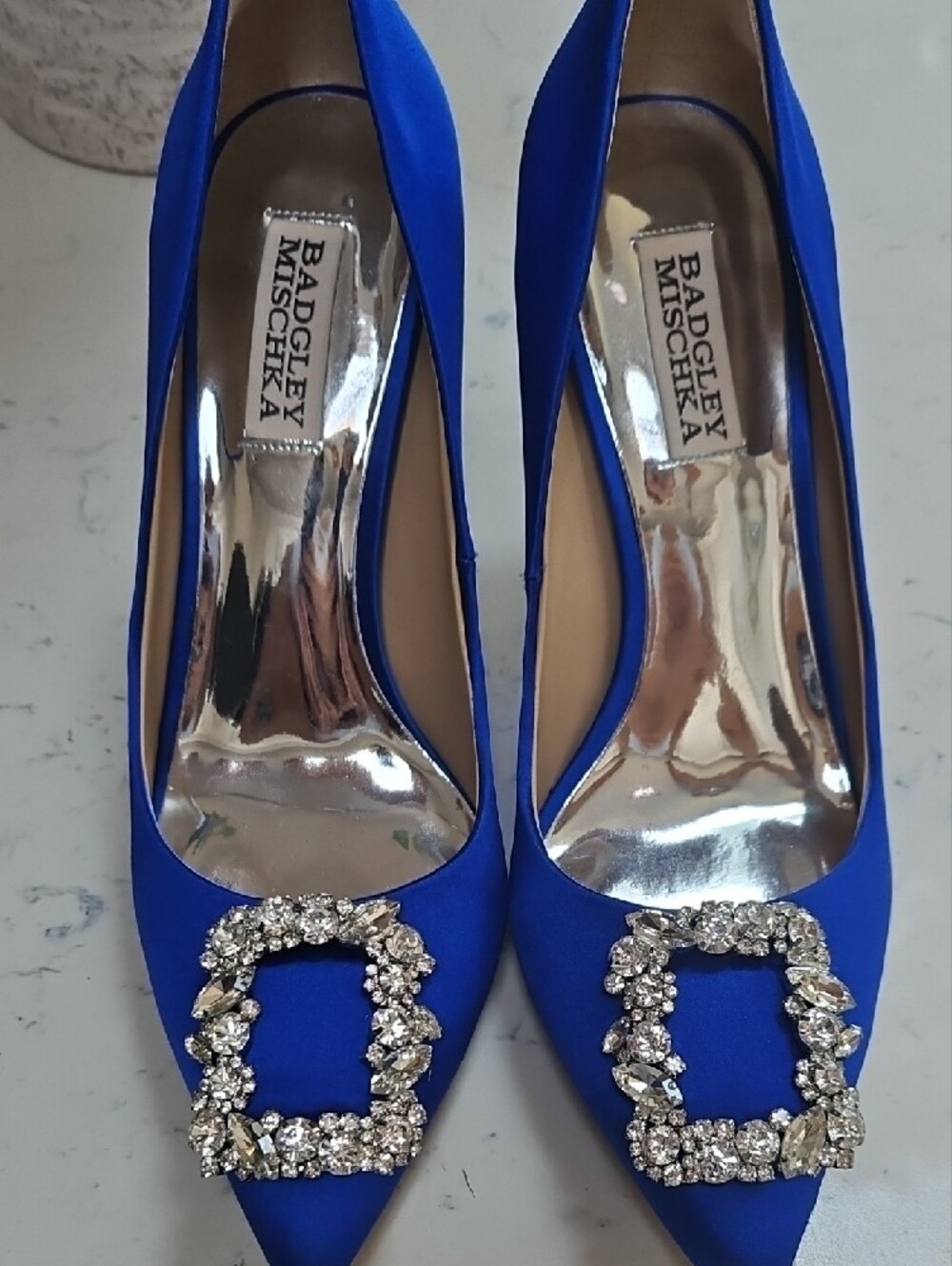Badgley Mischka Royal Blue Satin Crystal-Buckle Pointed Pumps - Picture 2 of 7